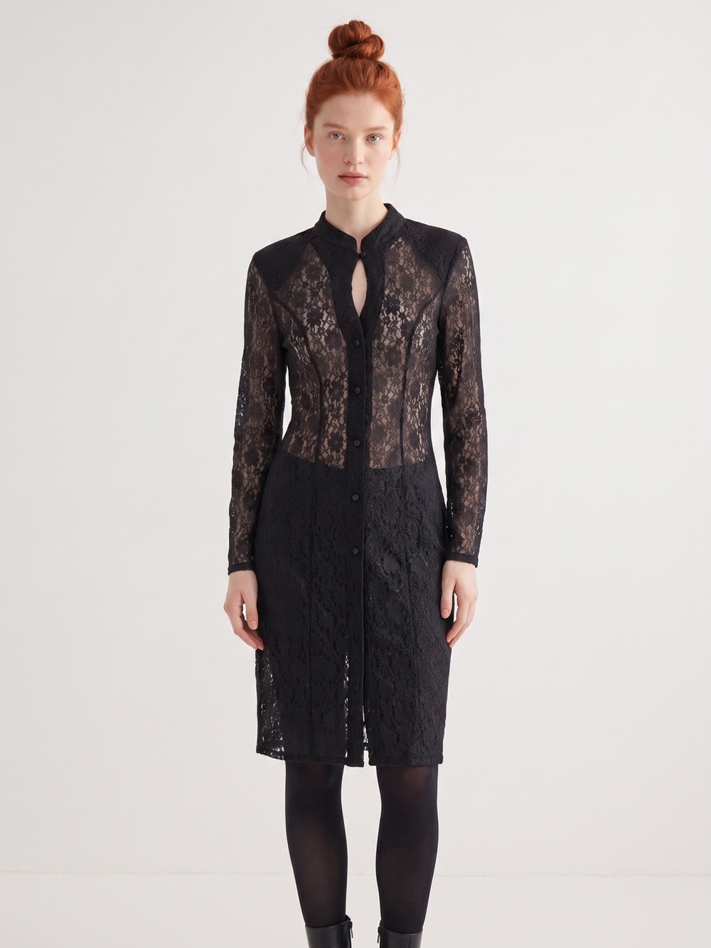 Vintage Studio Black Lace Button-Front Lace-up Back Sheer Midi Dress. Whimsygoth